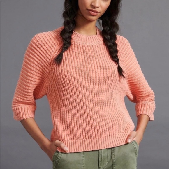 Anthropologie Maeve Mackenzie Coral Orange Ribbed Chunky Oversized Sweater XS - Picture 1 of 9